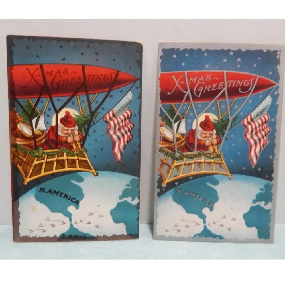 Two Antique Christmas Postcards Santa Claus American Flag Unposted Divided